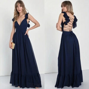 Lulu's Soiree Celebration Navy Blue Ruffled Lace-Up Maxi Dress M Wedding Party